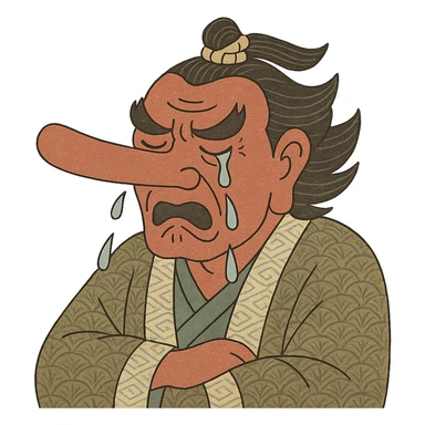 ukiyo-e style tengu with long nose crying, traditional Japanese illustration sticker