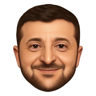 Vladimir Zelensky as an emoji with a round face, close likeness to his real face, detailed hair, beard, and eyes, friendly smile, high quality sticker