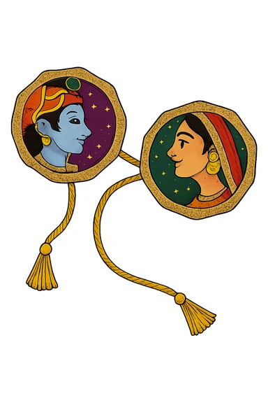 Convert the rakhi from the photo into an emoji, preserving the traditional Indian art style with vibrant colors and a gold border. Use a simple or transparent background to keep the focus on the rakhi design. The style should reflect intricate traditional Indian motifs and rich color vibrancy. sticker