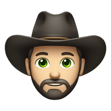 Caucasian male with green eyes, a dark beard dressed as a cowboy with short hair wearing a western hat black sticker