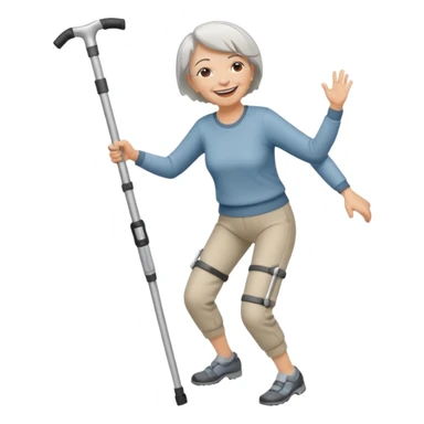 senior woman with pants, short grey hair, laughing and dancing th crutches sticker