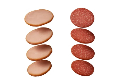 fettine di prosciutto cotto e di salame fluttuano in aria verticalmente, IPERREALISTICA 4K sticker