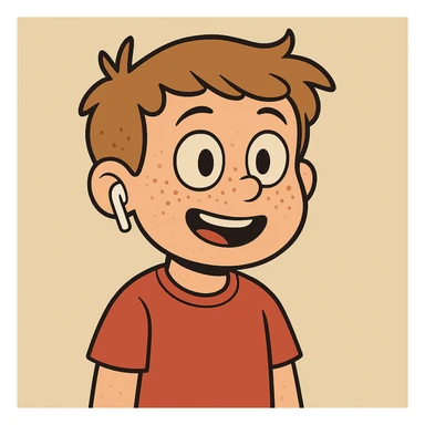 Add freckles to the boy's face and one AirPod in his right ear, keep the cartoon style consistent with flat toon style. sticker