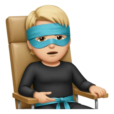 person in chair with blindfold and mouth tape sticker
