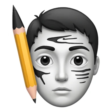 Create a black-and-white icon showing the process of cartooning: a pencil sketching an exaggerated face, with ink pen details and pencil smudges. Use clean lines and shading. Transparent background. sticker