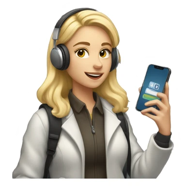 blonde female student standing by a locker wearing wireless headphones, heavy coat, taking a selfie with cell phone sticker