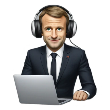 Emmanuel Macron qui joue aux jeux vidéo avec un pc et un casque sticker