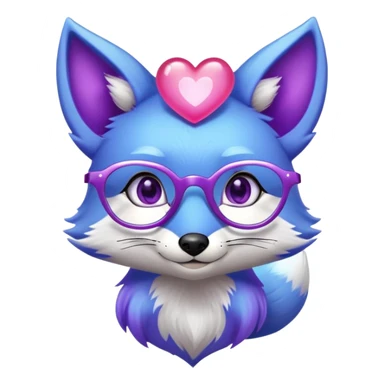 A whimsical fox with sparkling purple-blue fur, a glowing tail, a silver star on its forehead, and round glasses, with heart-shaped eyes, looking in love sticker