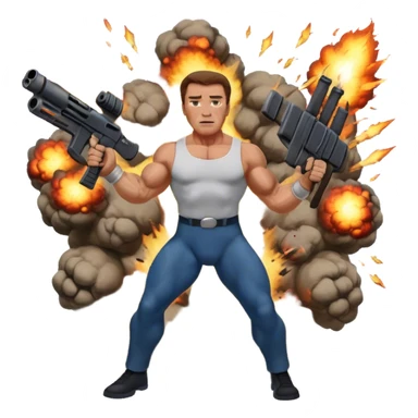Icon for Action Movies: Arnold Schwarzenegger in the lead role, in an intense action pose with weapons, explosions, and dramatic background. The design should evoke the classic action movie feel with muscle-bound heroes and high-energy sequences. Transparent background. sticker