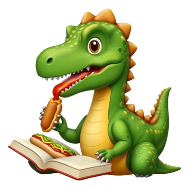 Dinosaur reading a book eating a hotdog sticker