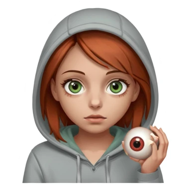 A girl with medium-length reddish-brown hair and hazel-green eyes, wearing a gray hoodie and holding an eyeball.  sticker
