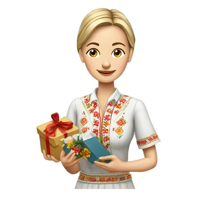 A female teacher in Ukrainian embroidery holds a gift in her hand sticker