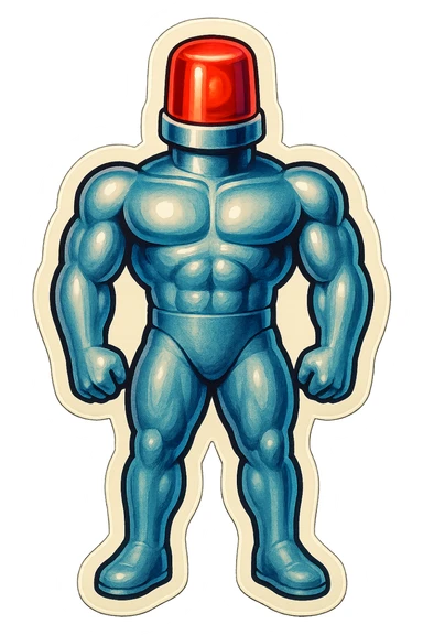silver muscular robot with a red police light head, standing at attention, facing forward, retro stickers style sticker