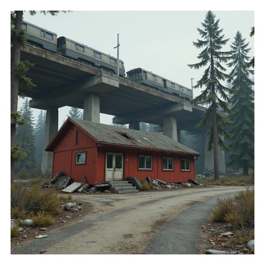  a screenshot of a location in a videogame  the image of the scene consists of:  [above-ground train freeway partially collapsed], a red 1980's construction wooden motel painted red, surrounded by war-torn pollution wreckage, wooded area sticker