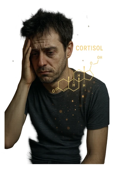 realistic and cinematic image of elevated cortisol, human figure showing signs of stress, insomnia, and tiredness, visual elements representing cortisol hormone, no background, 2:3 aspect ratio sticker