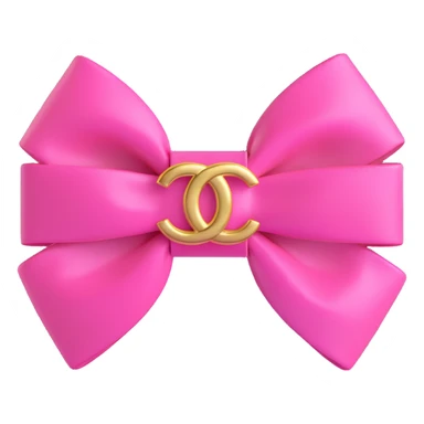 Add a gold Chanel logo to the pink bow, keep it glossy, elegant, 3D emoji style. sticker