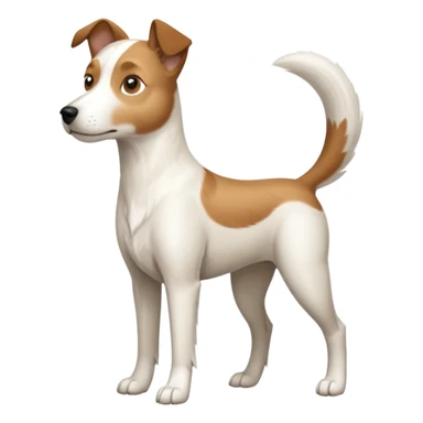 a full body white parson russell looking dog the size of a kelpie with light brown ears and a light brown patch on one eye and a large snout sticker