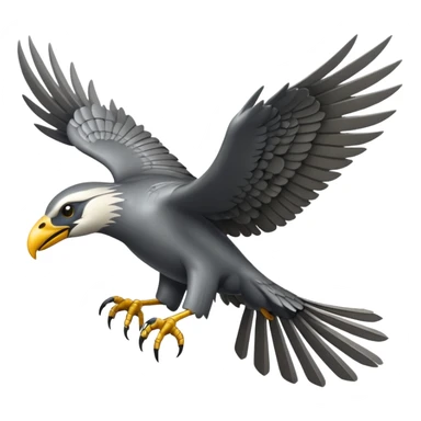 Emoji-style icon of a large metallic predatory bird flying, sharp wings, steel texture, dramatic pose, no gold no yellow sticker