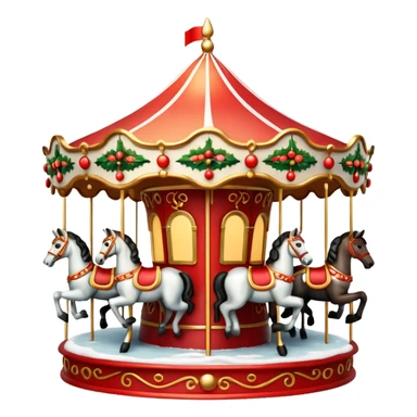 Apple iOS style 3D emoji icon of a vintage Moscow Christmas carousel.
Round ornate roof with red and gold patterns, miniature horses, decorated with glowing warm light garlands and light dusting of snow. Smooth glossy plastic texture, high-end 3D render, vibrant festive colors, resolution. sticker