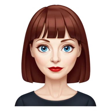 Woman in her late 50s with pale skin, wider face, more pronounced wrinkles, blue eyes with eyeliner, thin eyebrows, small nose, red lipstick, dark auburn hair with bangs, wearing a black top sticker