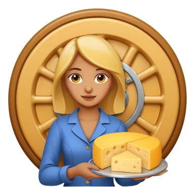 woman holding cheese sticker