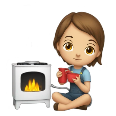 children are sitting near a mechanical stove sticker