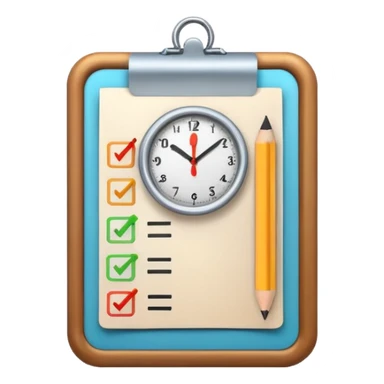 modern emoji-style icon with a checklist and a clock, arranged simply to convey time management and preparation for a test, minimalist, educational sticker