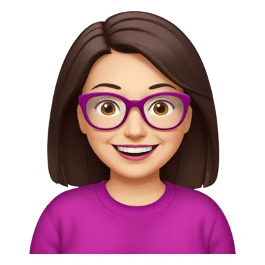 50 yr Caucasian woman, long dark brown hair parted on side, brown eyes, brown glasses, big smile, white teeth, fuscia sweater, chubby,  sticker