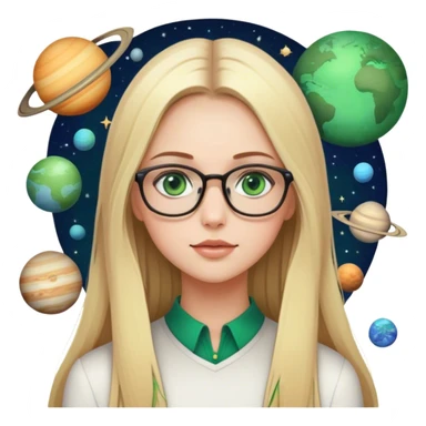 A blonde girl with long straight hair green eyes and glasses with many planets around her sticker