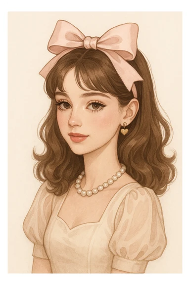 mujer coquette, estilo moderno, maquillaje suave, lazo en el cabello, fondo claro sticker