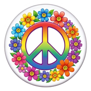 A round psychedelic colored button with the word (Peace) in the center with rainbow colored hippie style flowers sticker