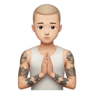 A 20 year old white man with a buzz cut and tattoos all over his arms and chest. Pleading face with hands praying wearing a white tanktop sticker