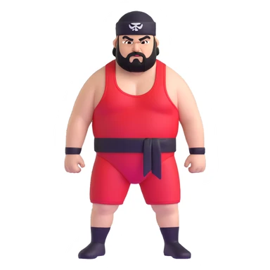White skin fat guy with black durag, black beard, black eyes in a red and black wrestling singlet with angry face sticker
