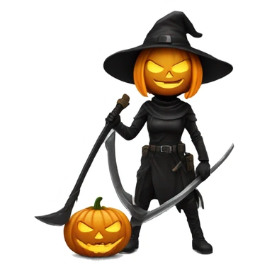 Human female pumpkin hunter with a scythe, glowing pumpkin eyes inside a black helmet, Halloween theme, emoji sticker