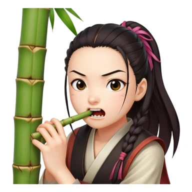 Nezuko with determined expression actively biting on bamboo piece in her mouth, teeth gripping the bamboo sticker
