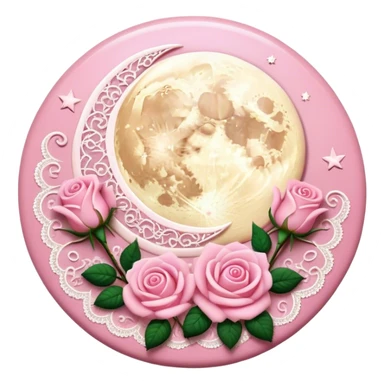 A round pink button with light cream damask lace, a full moon and stars and pink roses sticker