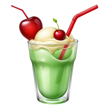 Create an emoji with a clear rounded glass, bright transparent green soda with fine bubbles, a smooth vanilla scoop, a glossy red cherry, and a red straw, using vibrant colors, soft shading, and clear glass highlights.
 sticker
