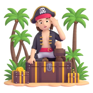 kid pirate with hand on forehead looking for something, one foot on treasure chest, palm trees in background sticker