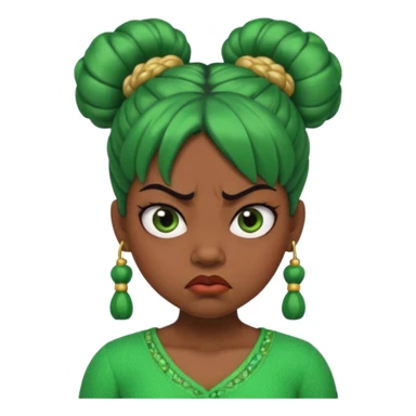 Create a 3D cartoon-style girl character with dark skin, round face, angry expression, big wide eyes, and tightly styled double buns made of green beaded hair. The girl should look irritated, eyebrows sharply angled, and lips pressed in a frown. sticker
