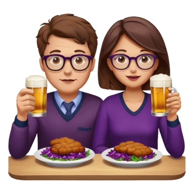 German man with glasses and brown hair and woman with glasses and brown hair eating schnitzel, red cabbage, potatoes, and drinking a beer sticker