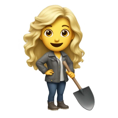 White woman with long hair and nice clothes holding a shovel and sneaky laughing sticker
