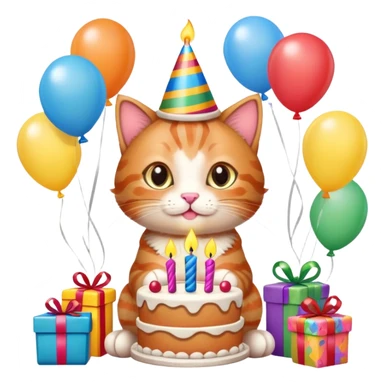 Ginger tabby kitten celebrates birthday, birthday hat, birthday cake, one candle, balloons, happy, gifts sticker