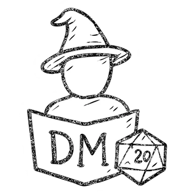 minimalist hand-drawn outlined icon representing Dungeon Master for DnD TTRPGs with worn distressed effect sticker
