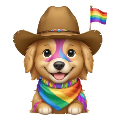 golden retriever with cowboy hat and rainbow flag sticker