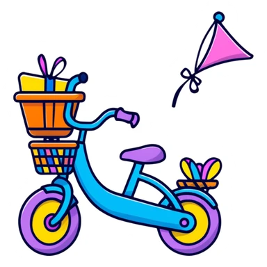 small kids bike in soft pastel pink with a basket and streamers sticker
