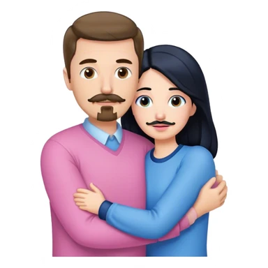 Tall white man with brown mustache goatee wearing blue AND a short pale woman with long black hair wearing pink, hugging sticker