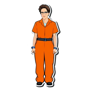 Rachel maddow in handcuffs  behind her back with an orange jumpsuit sticker