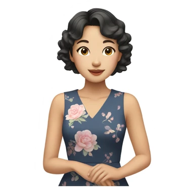 Asian girl with natural makeup,short wavy hair with side bangs in cute dress sticker