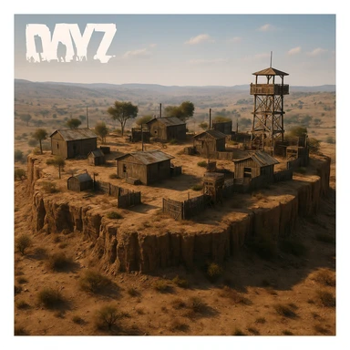 A small hilltop mesa city in the videogame dayz, screenshoot  sticker
