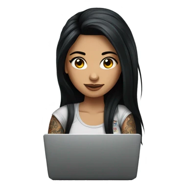 beautiful girl with tattoos, with long black hair, with laptop sticker